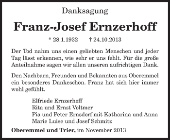 Traueranzeige von Franz-Josef Ernzerhoff von trierischer_volksfreund