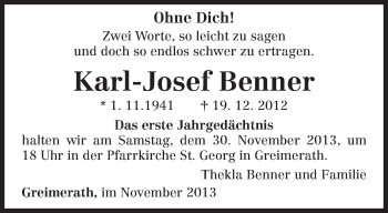 Traueranzeige von Karl-Josef Benner von trierischer_volksfreund