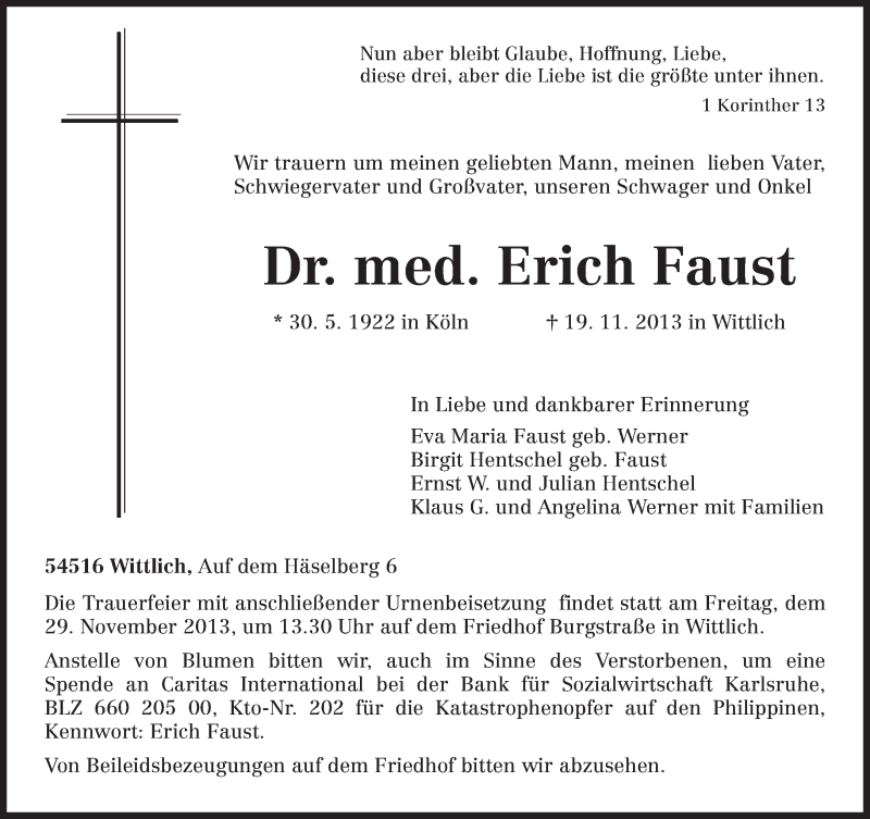  Traueranzeige für Erich Faust vom 25.11.2013 aus trierischer_volksfreund