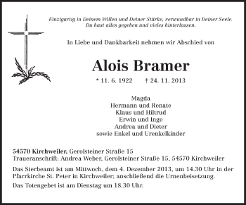 Traueranzeige von Alois Bramer von trierischer_volksfreund