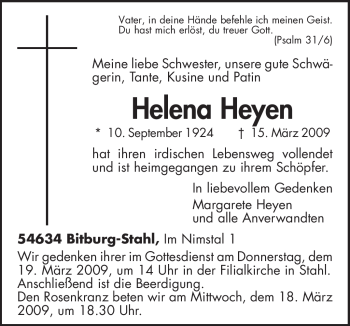 Traueranzeige von Helena Heyen von TRIERISCHER VOLKSFREUND