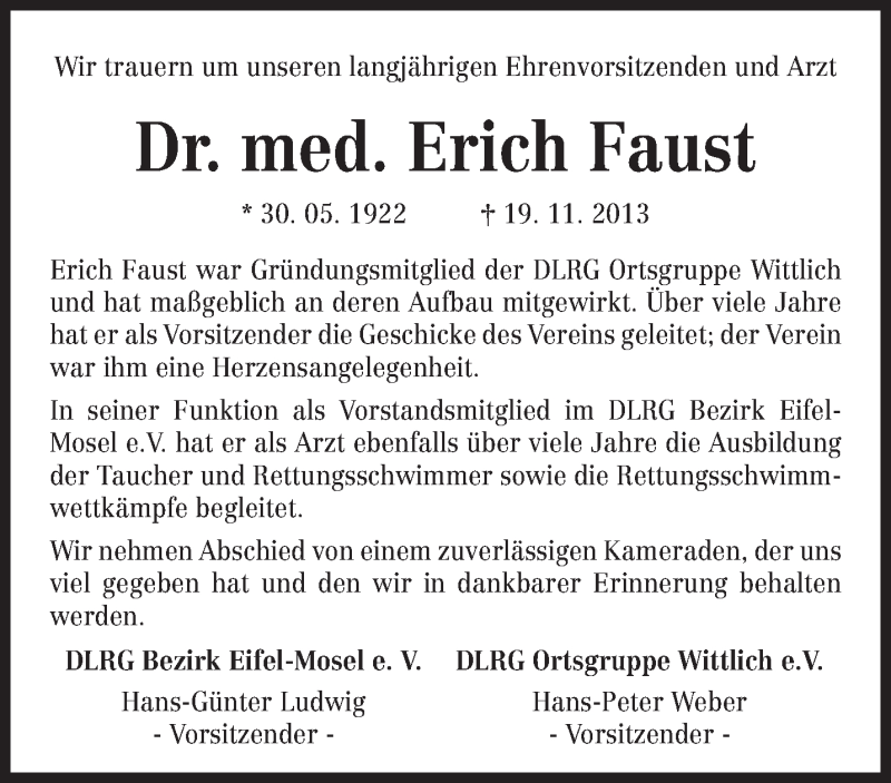  Traueranzeige für Erich Faust vom 29.11.2013 aus trierischer_volksfreund