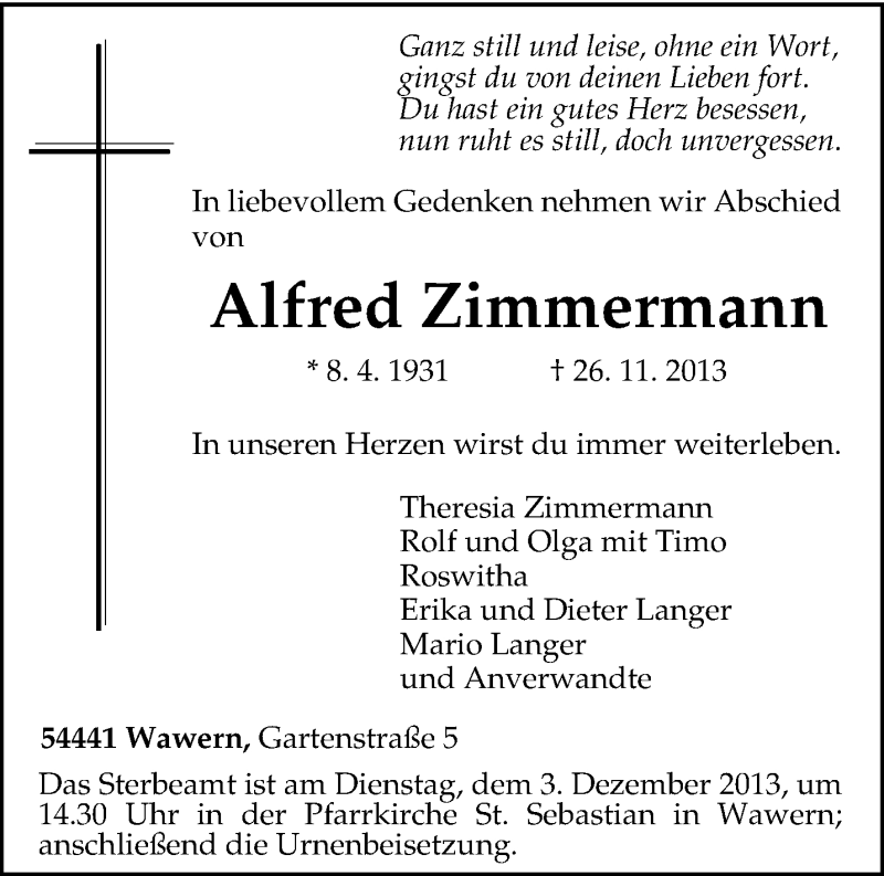  Traueranzeige für Alfred Zimmermann vom 29.11.2013 aus trierischer_volksfreund