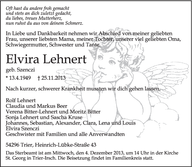  Traueranzeige für Elvira Lehnert vom 30.11.2013 aus trierischer_volksfreund