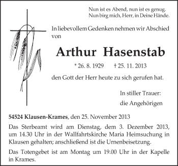 Traueranzeige von Arthur Hasenstab von trierischer_volksfreund