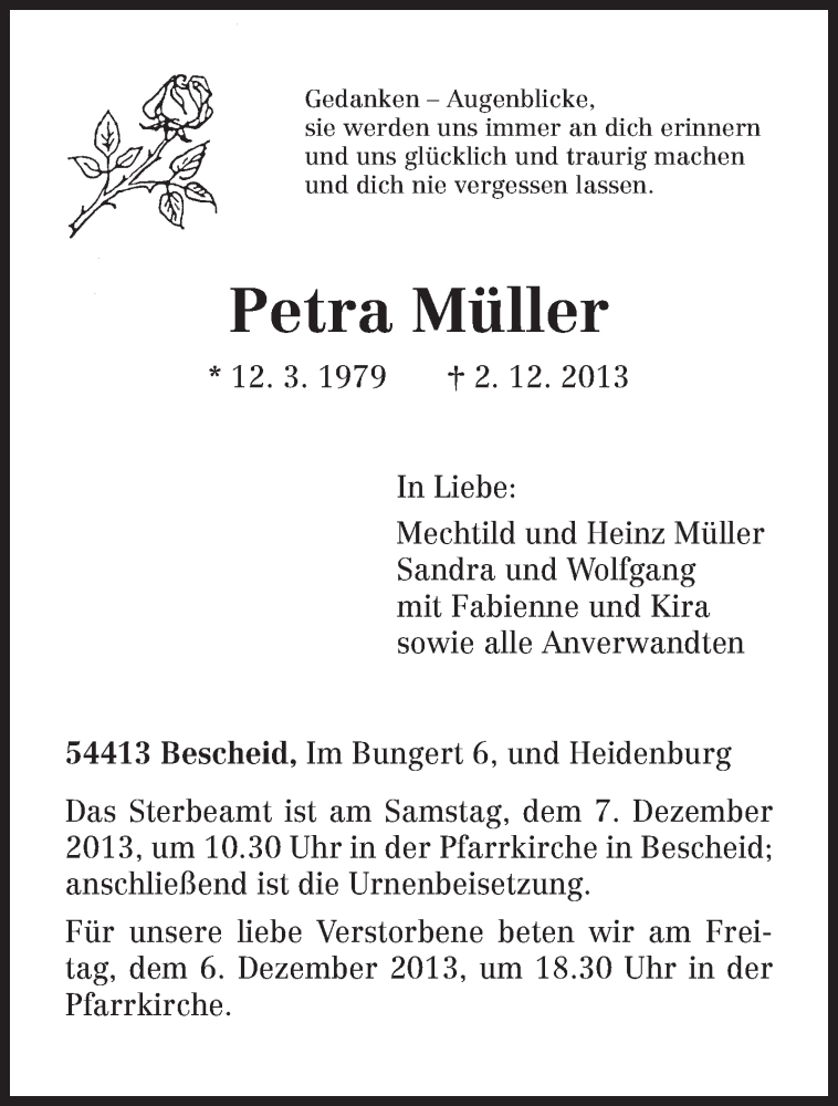  Traueranzeige für Petra Müller vom 04.12.2013 aus trierischer_volksfreund