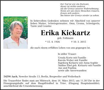 Traueranzeige von Erika Kickartz von trierischer_volksfreund