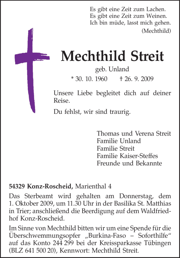  Traueranzeige für Mechthild Streit vom 29.09.2009 aus TRIERISCHER VOLKSFREUND