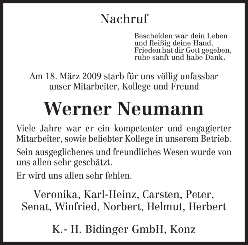  Traueranzeige für Werner Neumann vom 21.03.2009 aus TRIERISCHER VOLKSFREUND
