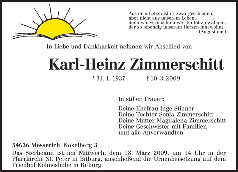  Traueranzeige für Karl-Heinz Zimmerschitt vom 14.03.2009 aus TRIERISCHER VOLKSFREUND