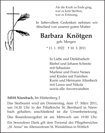 Traueranzeige von Barbara Knötgen von TRIERISCHER VOLKSFREUND