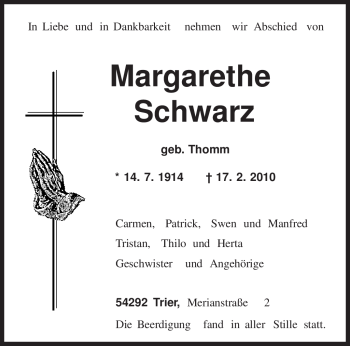 Traueranzeige von Margarethe Schwarz von TRIERISCHER VOLKSFREUND