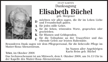 Traueranzeige von Elisabeth Büchel von TRIERISCHER VOLKSFREUND