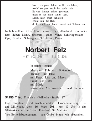 Traueranzeige von Norbert Felz von TRIERISCHER VOLKSFREUND
