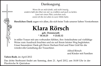 Traueranzeige von Klara Rörsch von TRIERISCHER VOLKSFREUND