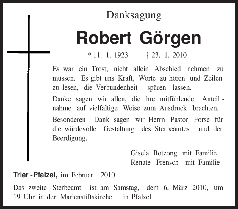 Traueranzeigen Von Robert Görgen | Volksfreund.Trauer.de