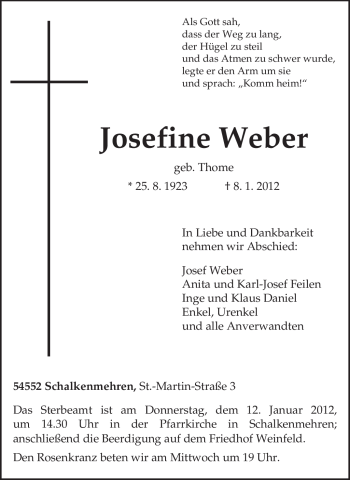 Traueranzeige von Josefine Weber von TRIERISCHER VOLKSFREUND