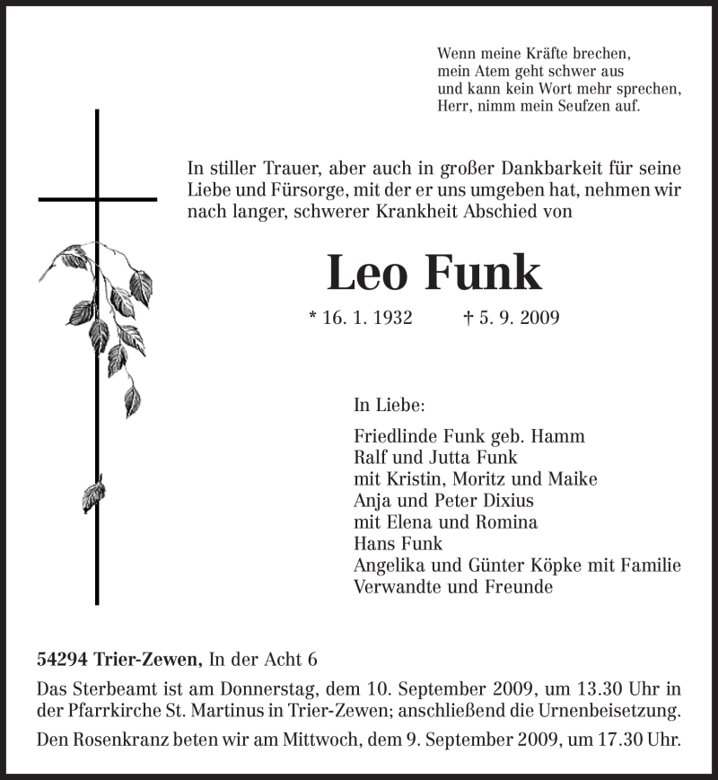  Traueranzeige für Leo Funk vom 08.09.2009 aus TRIERISCHER VOLKSFREUND