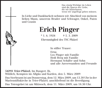 Traueranzeige von Erich Pinger von TRIERISCHER VOLKSFREUND