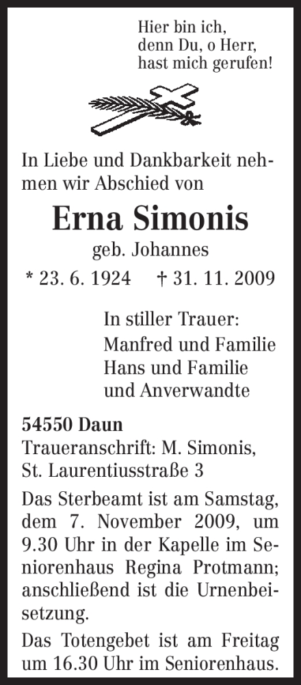  Traueranzeige für Erna Simonis vom 04.11.2009 aus TRIERISCHER VOLKSFREUND