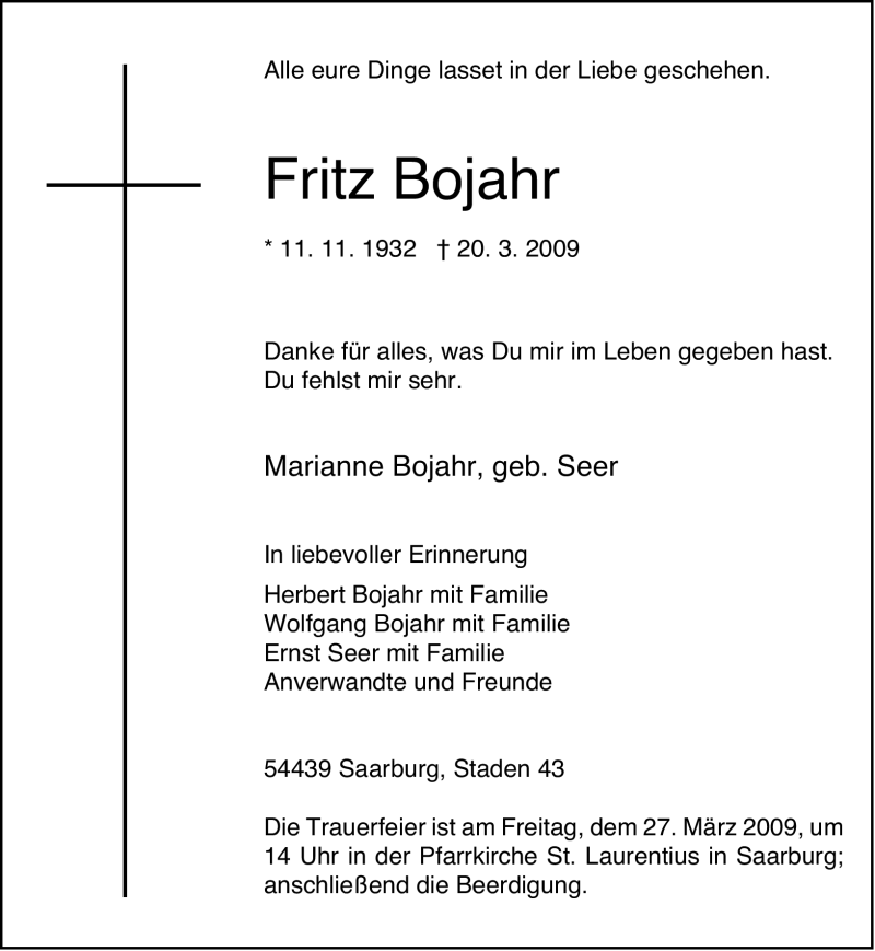  Traueranzeige für Fritz Bojahr vom 24.03.2009 aus TRIERISCHER VOLKSFREUND
