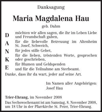 Traueranzeige von Maria Magdalena Hau von TRIERISCHER VOLKSFREUND