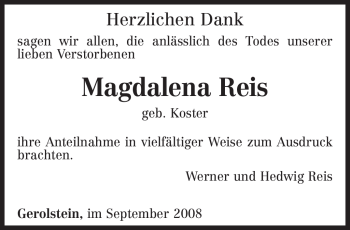 Traueranzeige von Magdalena Reis von TRIERISCHER VOLKSFREUND