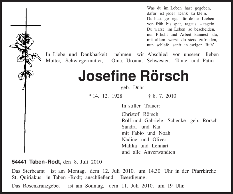  Traueranzeige für Josefine Rörsch vom 09.07.2010 aus TRIERISCHER VOLKSFREUND