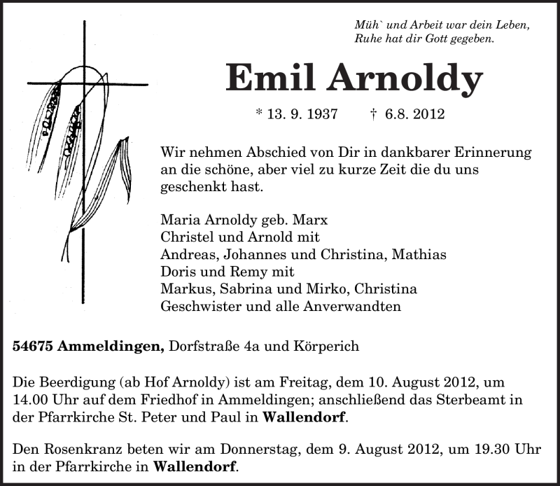  Traueranzeige für Emil Arnoldy vom 08.08.2012 aus TRIERISCHER VOLKSFREUND