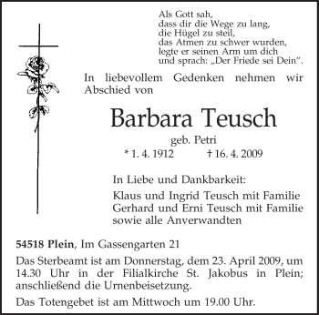 Traueranzeige von Barbara Teusch von TRIERISCHER VOLKSFREUND