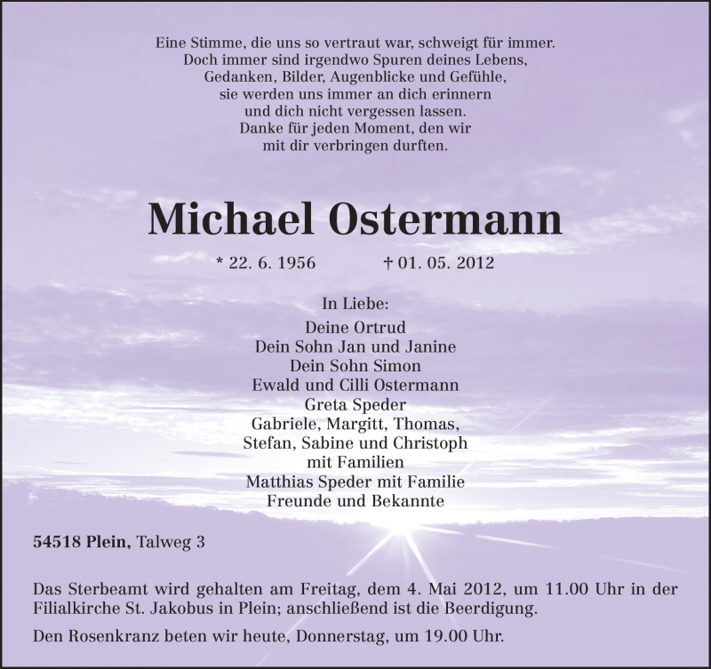  Traueranzeige für Michael Ostermann vom 03.05.2012 aus TRIERISCHER VOLKSFREUND
