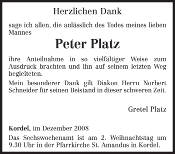 Traueranzeige von Peter Platz von TRIERISCHER VOLKSFREUND