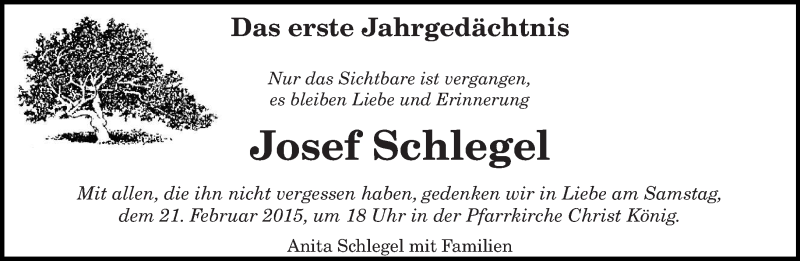  Traueranzeige für Josef Schlegel vom 14.02.2015 aus trierischer_volksfreund