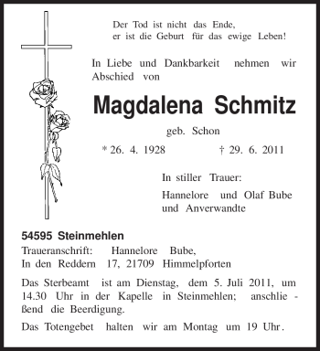 Traueranzeige von Magdalena Schmitz von TRIERISCHER VOLKSFREUND