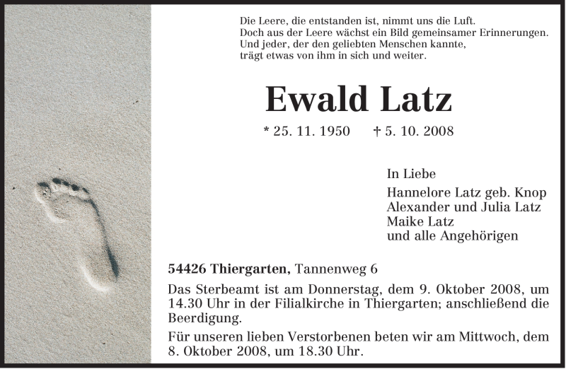  Traueranzeige für Ewald Latz vom 07.10.2008 aus TRIERISCHER VOLKSFREUND