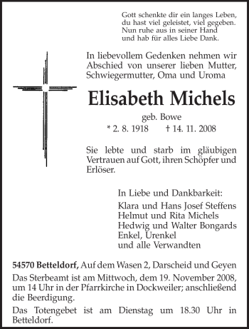 Traueranzeige von Elisabeth Michels von TRIERISCHER VOLKSFREUND