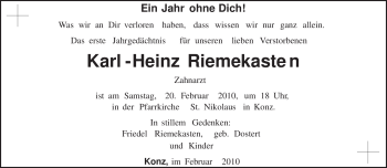 Traueranzeige von Karl-Heinz Riemekasten von TRIERISCHER VOLKSFREUND