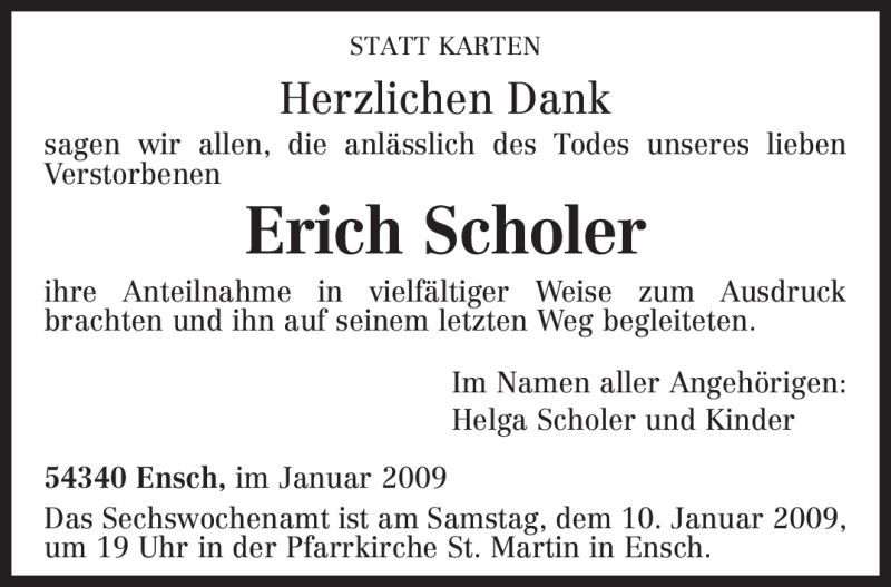  Traueranzeige für Erich Scholer vom 03.01.2009 aus TRIERISCHER VOLKSFREUND