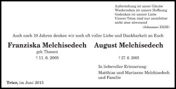 Traueranzeige von Franziska und August  Melchisedech von trierischer_volksfreund