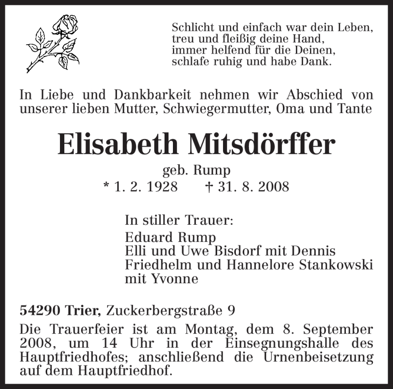  Traueranzeige für Elisabeth Mitsdörffer vom 05.09.2008 aus TRIERISCHER VOLKSFREUND