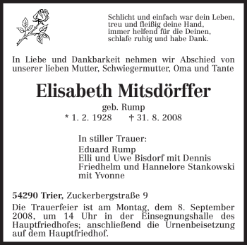 Traueranzeige von Elisabeth Mitsdörffer von TRIERISCHER VOLKSFREUND