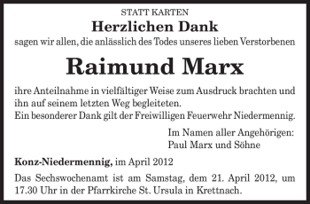 Traueranzeige von Raimund Marx von TRIERISCHER VOLKSFREUND
