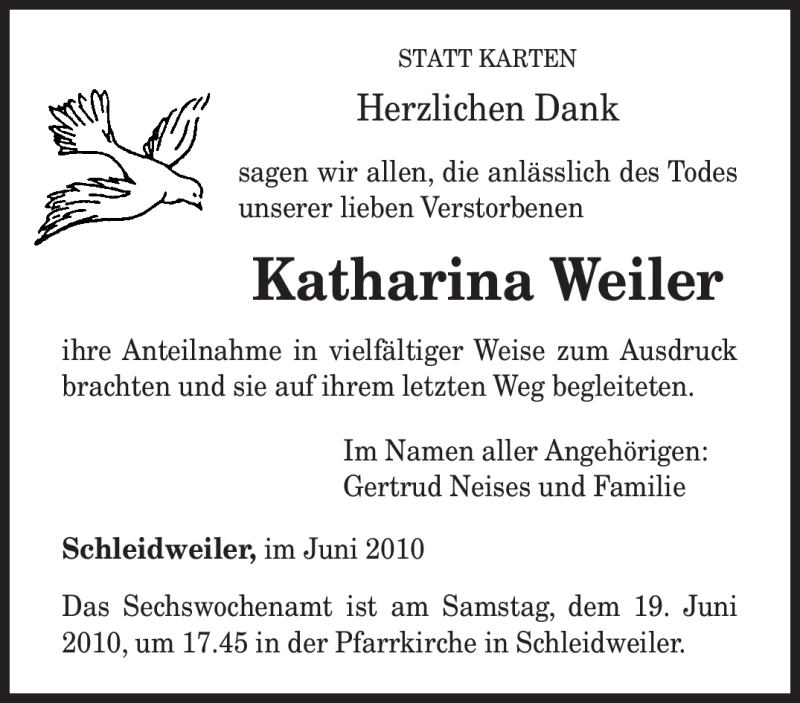 Traueranzeigen Von Katharina Weiler | Volksfreund.Trauer.de