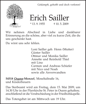Traueranzeige von Erich Sailler von TRIERISCHER VOLKSFREUND