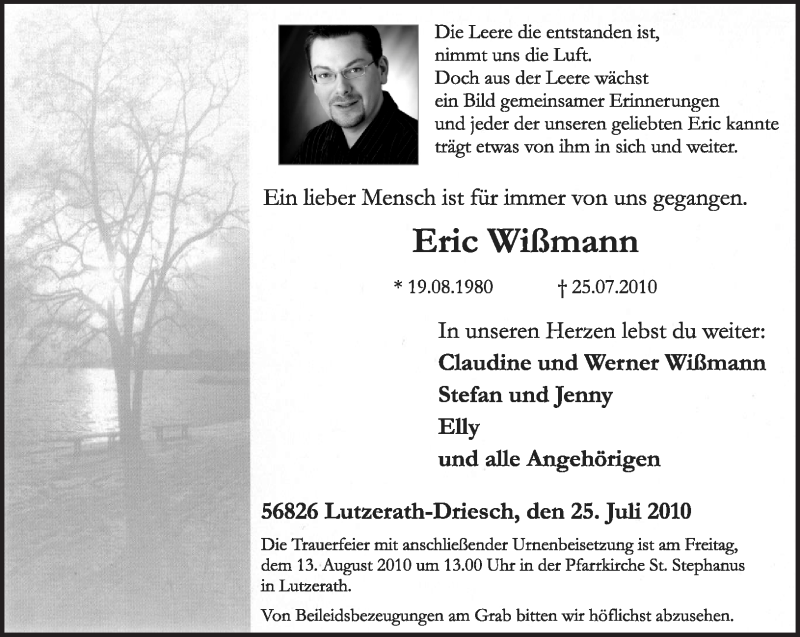  Traueranzeige für Eric Wißmann vom 07.08.2010 aus TRIERISCHER VOLKSFREUND