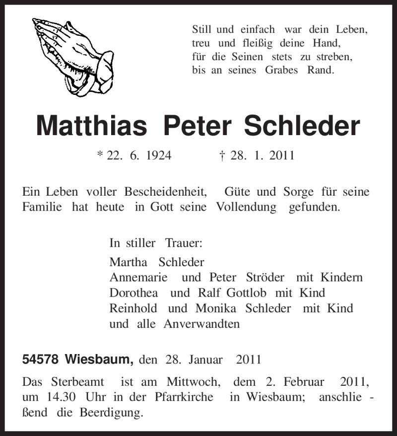  Traueranzeige für Matthias Peter Schleder vom 31.01.2011 aus TRIERISCHER VOLKSFREUND