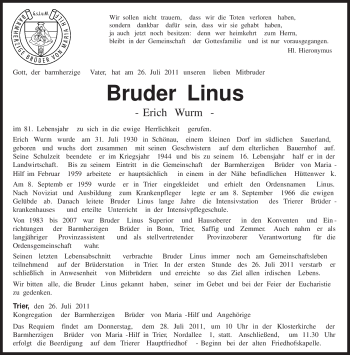 Traueranzeige von Erich Wurm von TRIERISCHER VOLKSFREUND