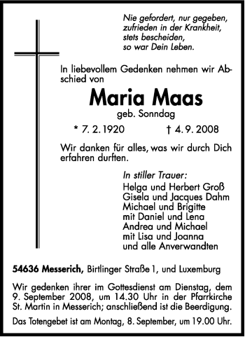Traueranzeige von Maria Maas von TRIERISCHER VOLKSFREUND