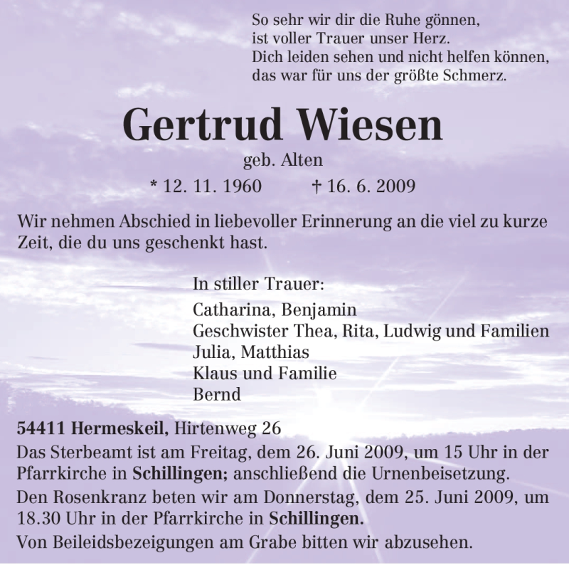  Traueranzeige für Gertrud Wiesen vom 23.06.2009 aus TRIERISCHER VOLKSFREUND