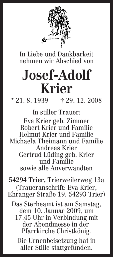  Traueranzeige für Josef-Adolf Krier vom 07.01.2009 aus TRIERISCHER VOLKSFREUND